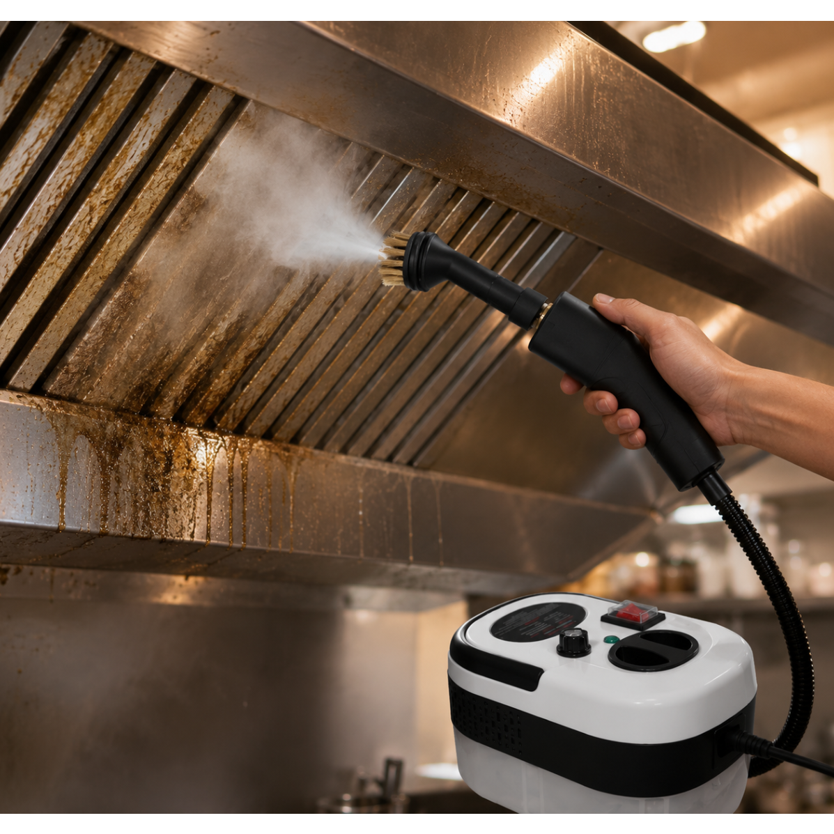 Portable steam cleaner removing grease from a kitchen exhaust hood