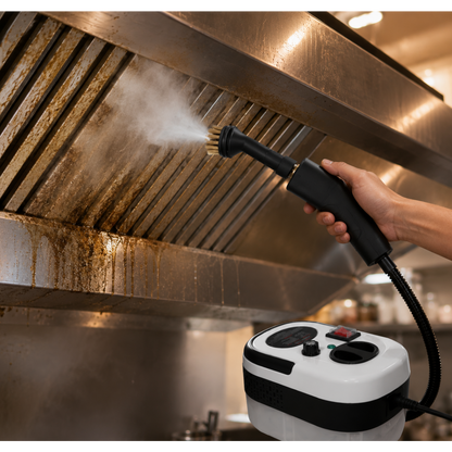 Portable steam cleaner removing grease from a kitchen exhaust hood