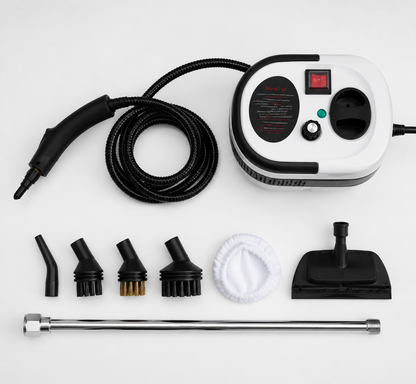 Steam cleaner accessories included in the box: brush heads, hose, and attachments