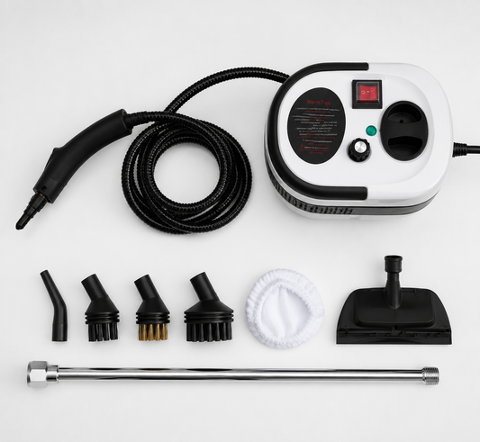 Steam cleaner accessories included in the box: brush heads, hose, and attachments